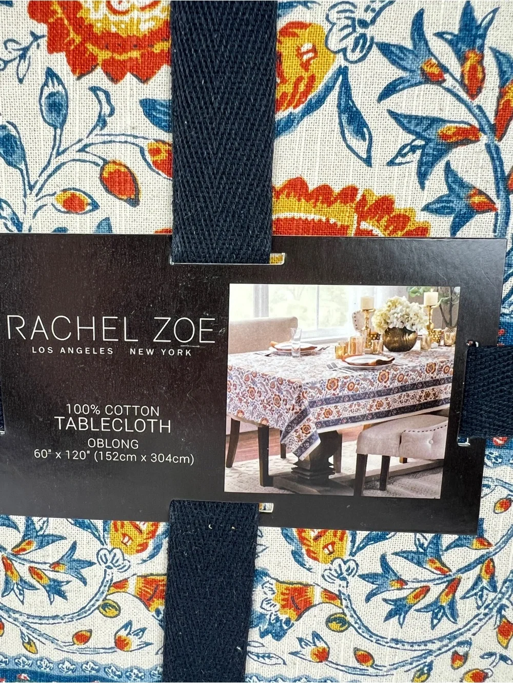 Rachel Zoe FALL Tablecloth 6 Napkins Blue Orange Cream Floral Birds 60 x 120 NEW